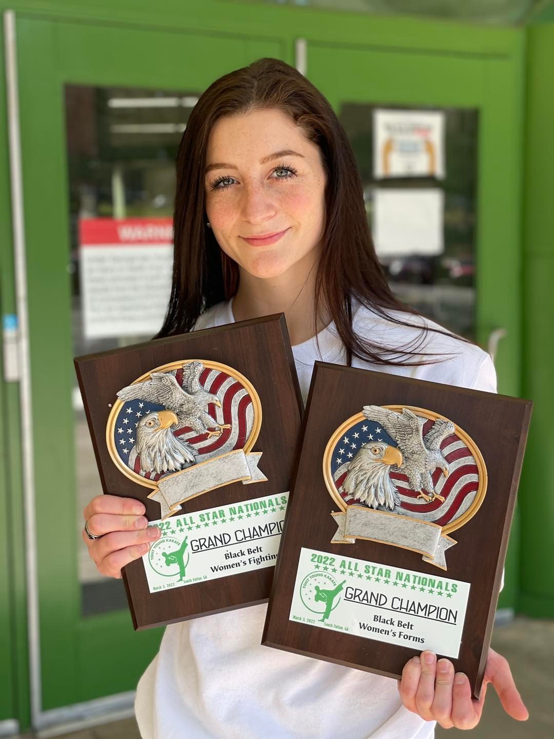 Dani Auberger won both the Women’s combined Forms/Weapons Grand Championship and the Women’s Fighting Grand Championship.